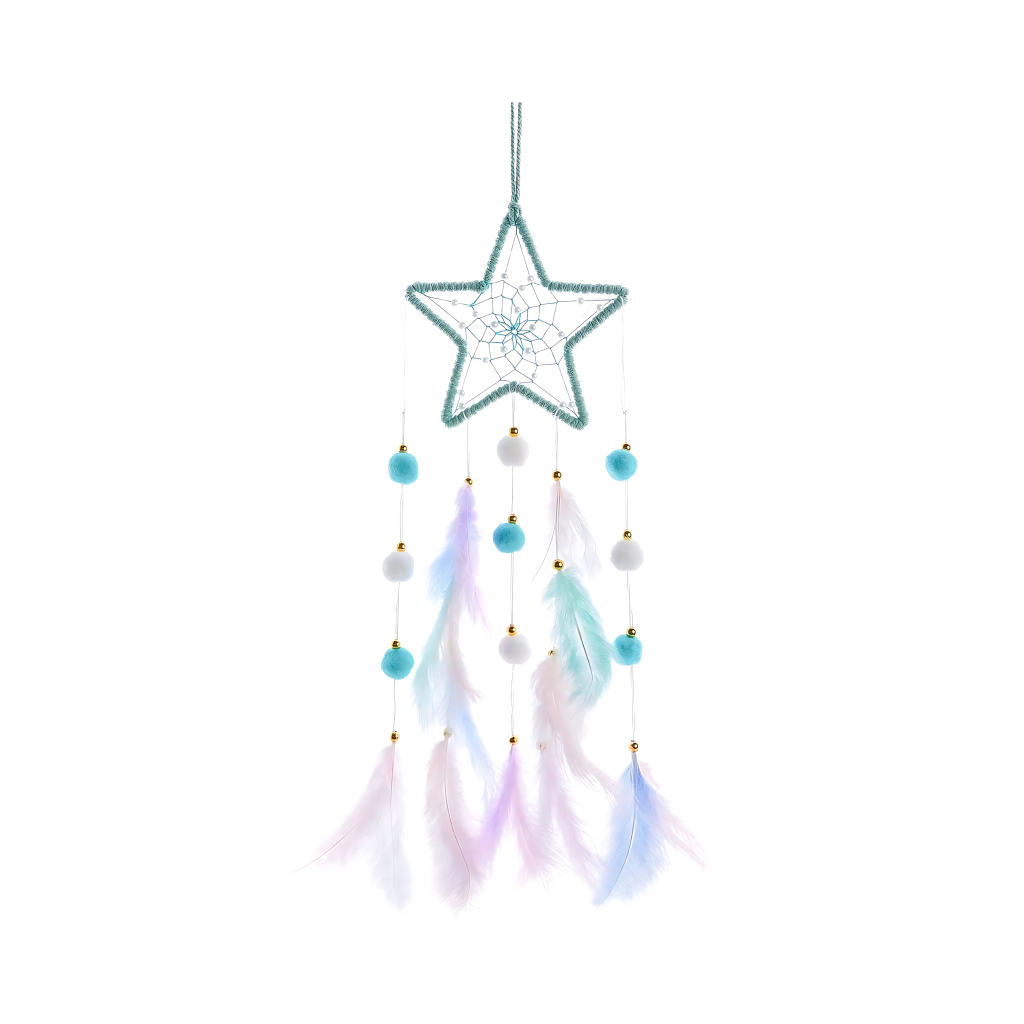 Green Star Handmade Dream Catcher Feather Pom Pom Wall Hanging